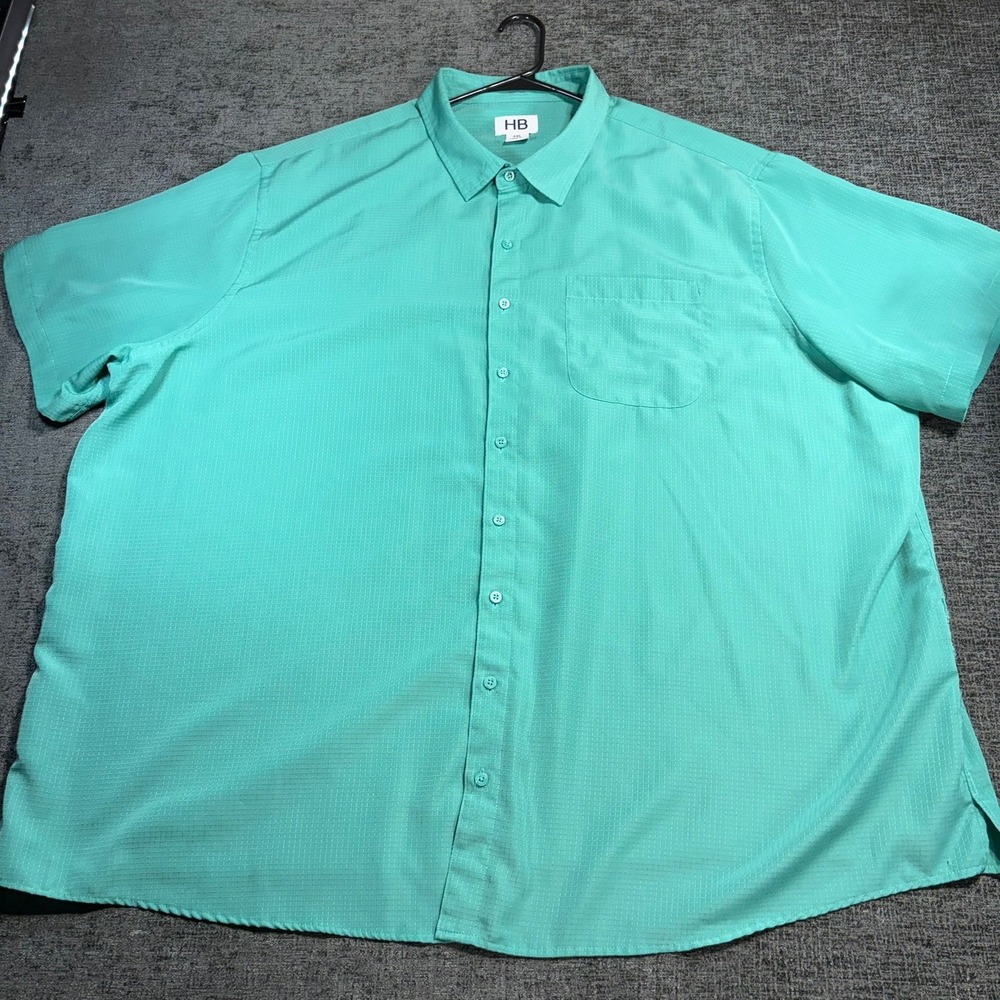 HB Button Down Shirt Mens 4XL Teal Green Textured Grid Short Sleeve Casual
